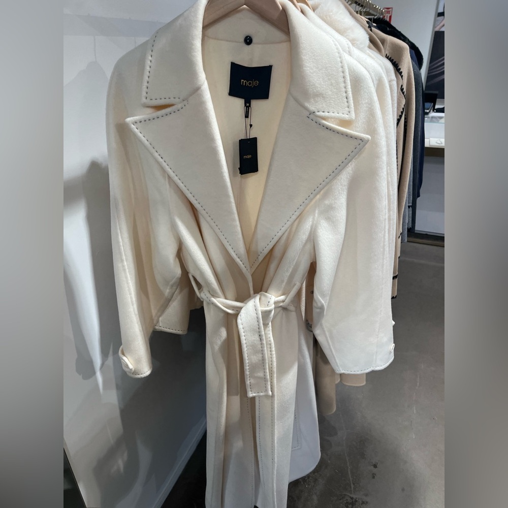 Maje Women’s Wool Belted Trench Coat - Cream - NWT Size 40